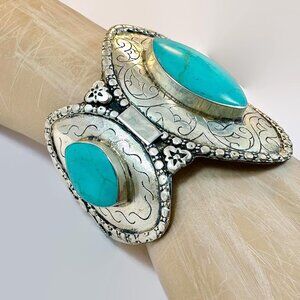 Vintage Afghan Bracelet: Middle Eastern, Turquoise, Cuff, Silver, Bohemian
